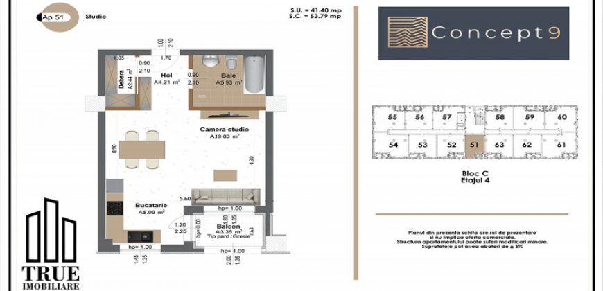 Studio de vânzare, 41.4m², et. 4/10, bloc nou, Concept 9!