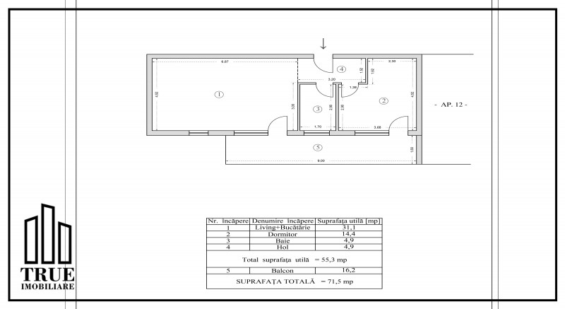 Ap. 2 cam. bloc nou, 55.3m² + terasă 16.2m², Revoluției Residence!