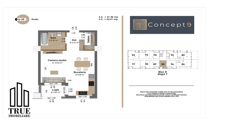 Studio de vânzare, 41.4m², et. 7/10, bloc nou, Concept 9!