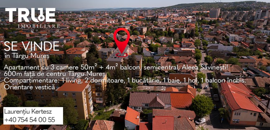 Apartament cu 3 camere, 50m² utili + 4m² balcon, semicentral, Târgu Mureș!